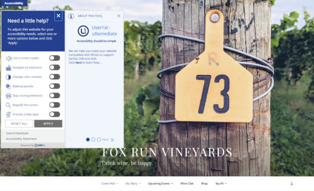 Fox Run Vineyards website accessibility menu