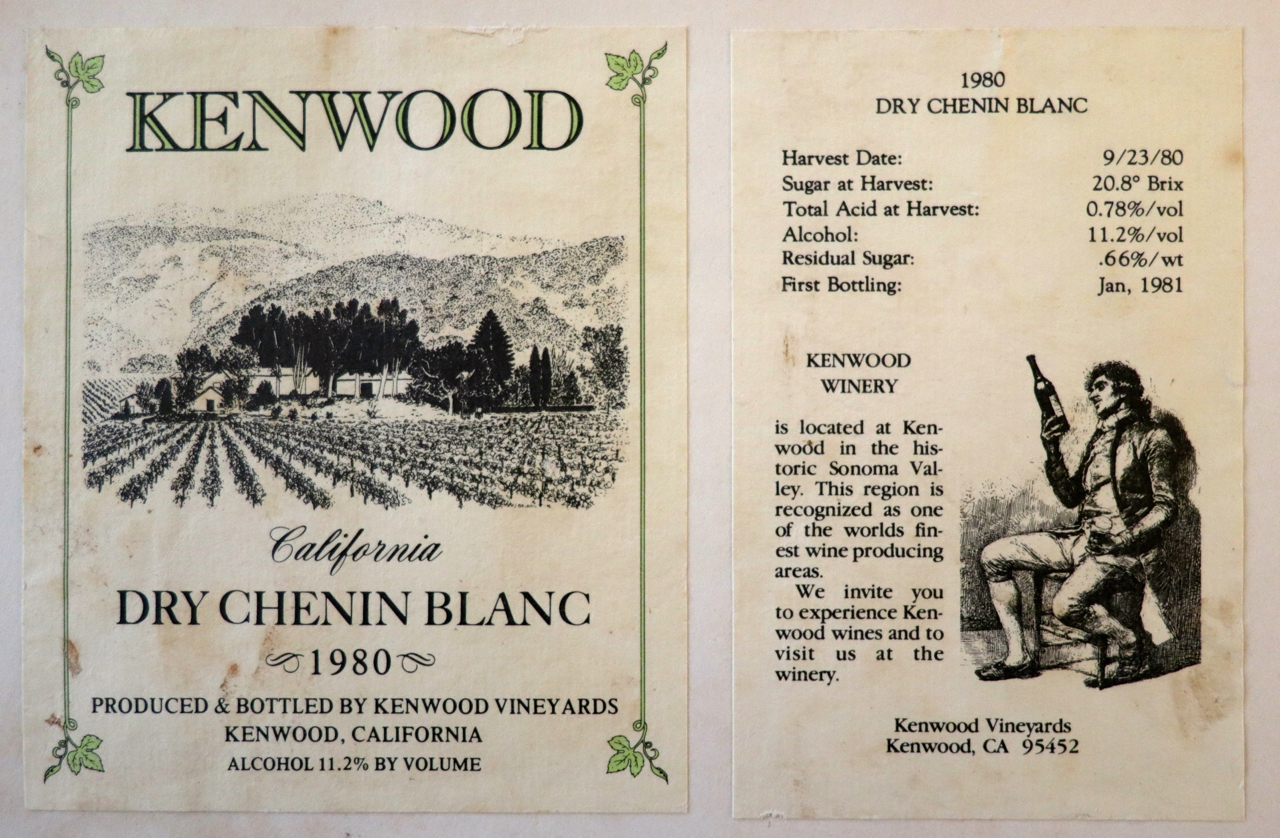 1980 Kenwood Chenin Blanc — A near-perfect example of the “Dry Chenin Blanc” varietal category that was once extremely popular, before being wiped out by the sudden, mid-1980s onslaught of moderately priced Chardonnays — picked at just 20.8° Brix and finished at an off-dry .66% residual sugar and exceptionally light and refreshing 11.2% ABV.
