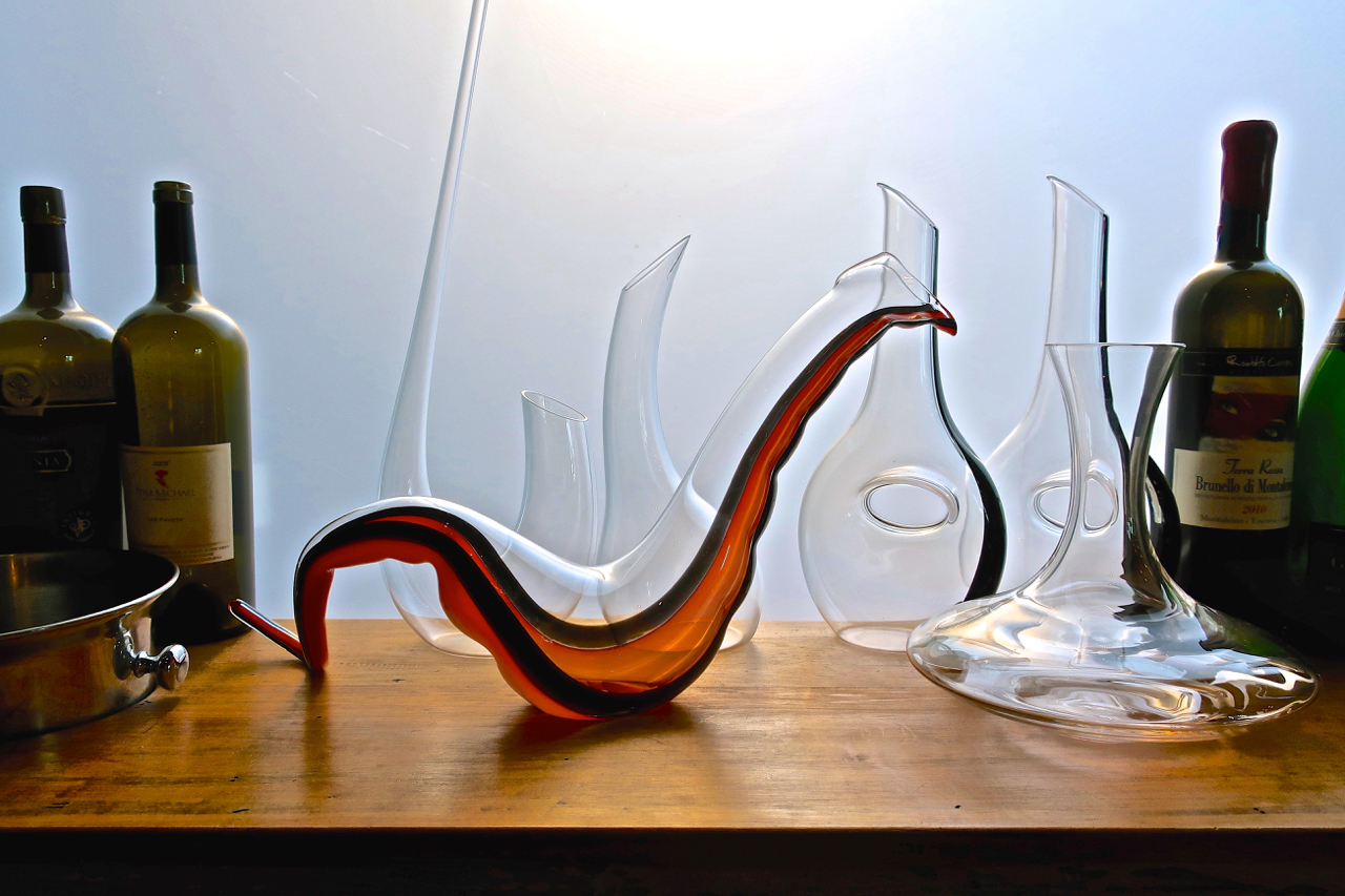 Decanters used in Guard & Grace restaurant in Denver to enhance guest experiences of red wines / Randy Caparoso Photography