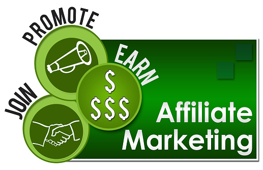 Affiliate marketing concept image with text and associated symbols.
