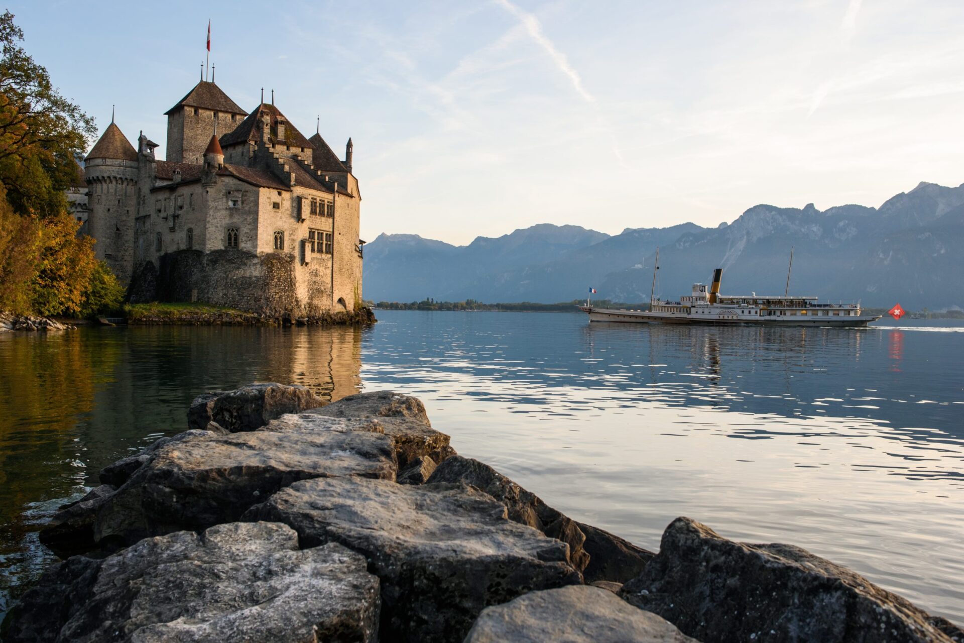 Historic monument Chillon Castle on Lake Geneva